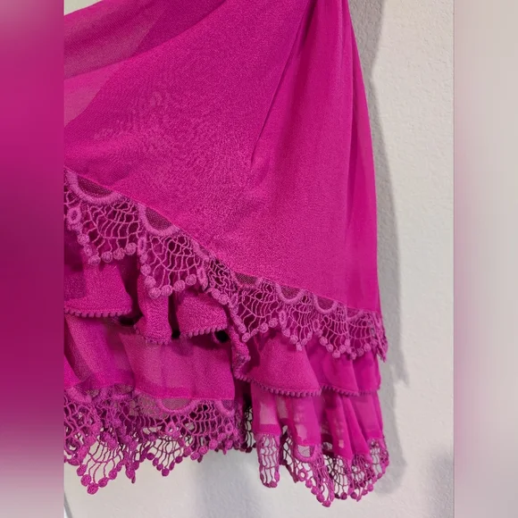 Free People Berry Fuchsia Crochet Lace Mini Dress Layered Hem Swing Dress 10 - Picture 9 of 15